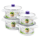 Enameled Cookware 8-elements Set of Pots with Floral Pattern and Lid | 42075