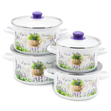 Enameled Cookware 8-elements Set of Pots with Floral Pattern and Lid | 42075