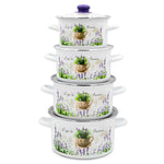 Enameled Cookware 8-elements Set of Pots with Floral Pattern and Lid | 42075