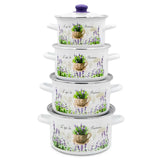 Enameled Cookware 8-elements Set of Pots with Floral Pattern and Lid | 42075