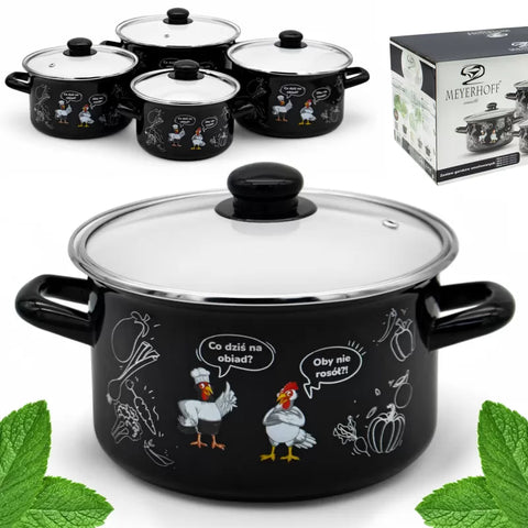 Enameled Cookware 8-elements Set of Pots with Chicken Print and Lid | 43719