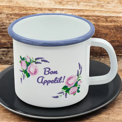 White Enameled Mug with Bon Appetit Print 500 ml | 42906