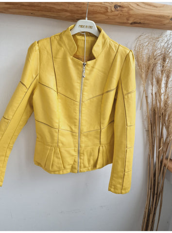 Yellow Eco-leather Jacket with Stand-Up Collar | AW111-Y