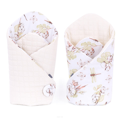 Ecru Double-Sided Swaddle Wrap with Cotton Flower Pattern - Rożek Becik | MMT-26