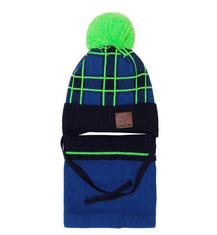 Boys' Dark Blue and Neon Green Beanie and Tube Scarf Set ~6 years | 36/371