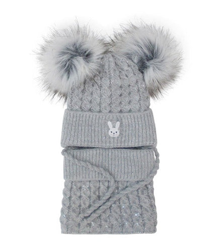 Girls' Gray Tied Hat with Two Pompoms and Tube Scarf Set ~ 1-5 Years | 42/434-G