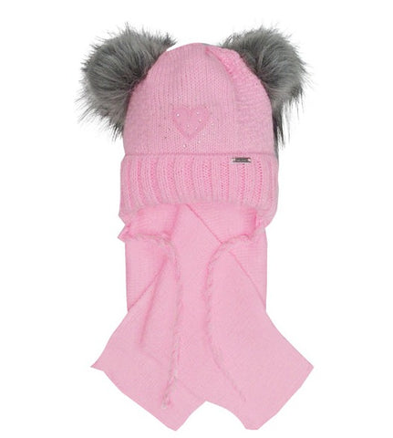 Girls' Pink Tied Hat with Two Pompoms and Scarf Set ~ 0-12 months | 44/407-P