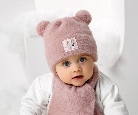 Girls' Dusty Pink Beanie with Bear Patch and Scarf Set ~ 0-12 month | 46/400