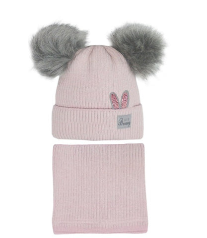 Girls Pink Hat with Two Pompoms and Tube Scarf Set ~6-12 Years | 46/463