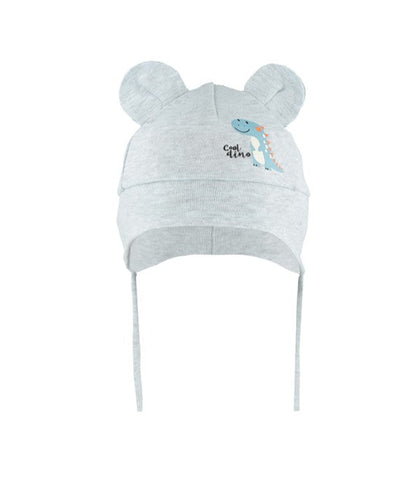 Boys' Light Gray Tied Hat with Dinosaur Print ~ 0-6 months | 50/016-A