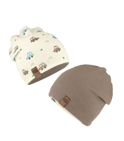 Boys' Light Beige and Brown Printed Double-sided Beanie ~ 6-12 years | 50/076-A