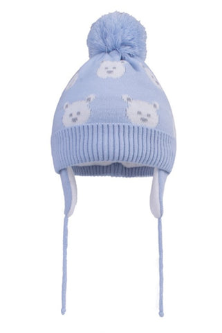 Baby Boy Light Blue Tied Beanie with Bear Print ~ 0-24 months | 46/444