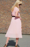 Powder Pink Midi Pleated Dress with Black Belt | HAL-11
