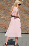 Powder Pink Midi Pleated Dress with Black Belt | HAL-11