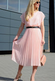 Powder Pink Midi Pleated Dress with Black Belt | HAL-11