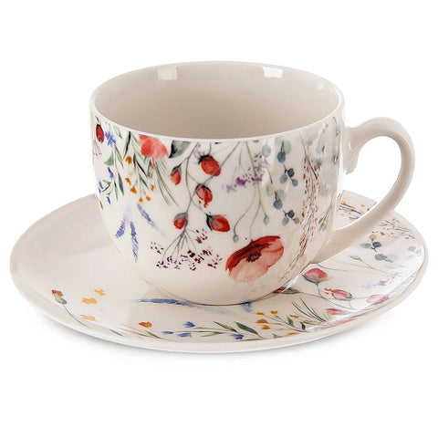 White Porcelain Cup with Saucer and Poppies Pattern - 260 ml | 129661