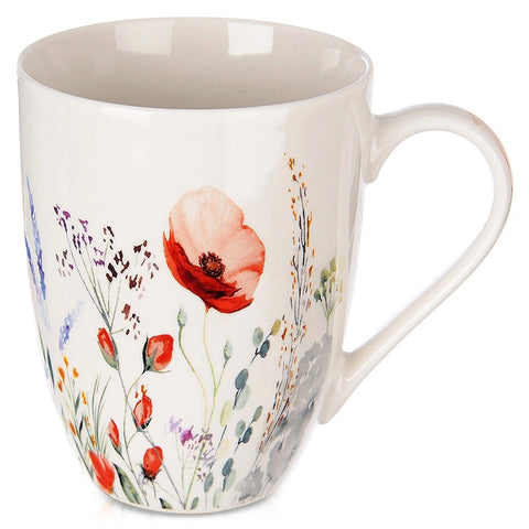 White Porcelain Barrel Mug with Poppies Pattern - MAKI 360 ml | 129660