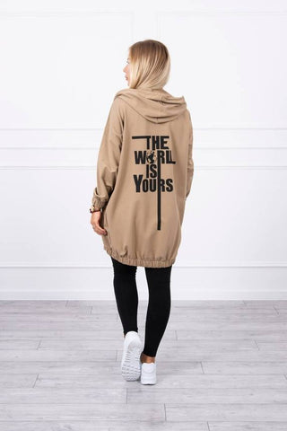 Camel Hooded Sweatshirt with Zip and Print on the Back |9117-CM
