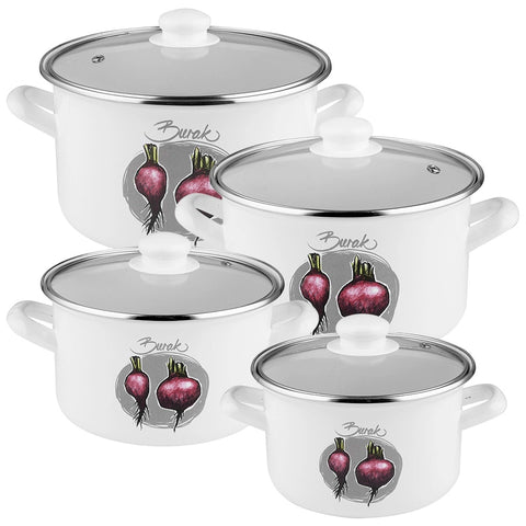 PLESZEW Enameled Cookware 8-elements Set of Pot with Lid | Burak