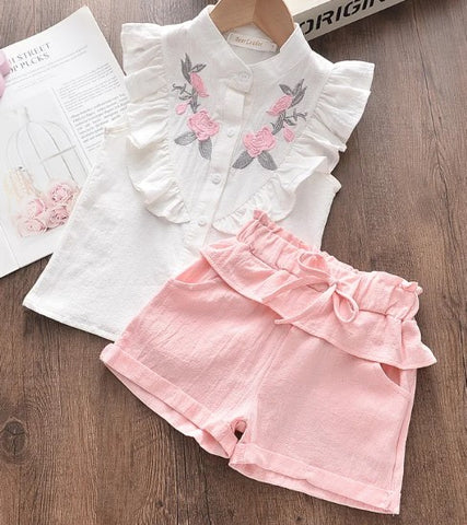 Girls' Cotton Shirt with Frills and Pink Short Set | BLGS-02
