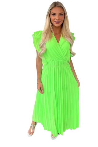 Italian-style Neon Green Long Dress with Frills | 12C2011-LGR