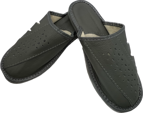 Men's Gray Leather Slippers | SM60