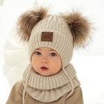 Boys' Beige Tied Beanie with Two Pompoms and Tube Scarf Set ~ 1-3 years | 48/346-A