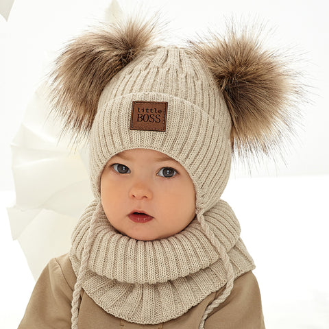 Boys' Beige Tied Beanie with Two Pompoms and Tube Scarf Set ~ 1-3 years | 48/346-A