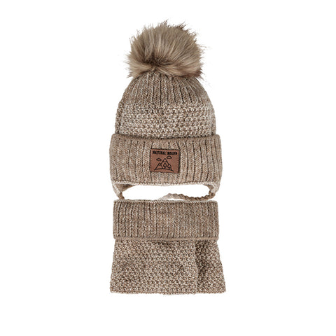 Boys' Dark Beige Tied Beanie with Pom-Pom and Tube Scarf Set ~ 1-3 years | 48/339-A