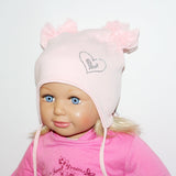 Baby Girls' Cotton Powder Pink Tied Beanie with Bows and Heart ~ 1-3 years | 46/050-PP