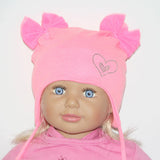 Baby Girls' Cotton Pink Tied Beanie with Bows and Heart ~ 1-3 years | 46/050-P