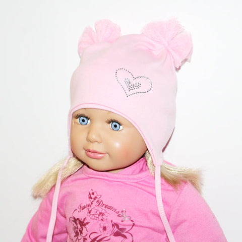 Baby Girls' Cotton Light Pink Tied Beanie with Bows and Heart ~ 1-3 years | 46/050-LP