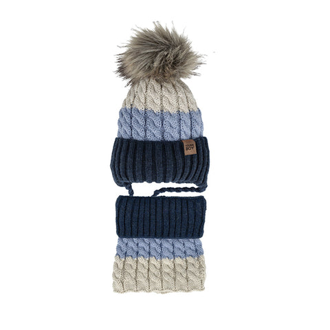Boys' Dark Blue and Multicolor Tied Beanie with Pom-Pom and Tube Scarf Set ~ 1-3 years | 48/342-C