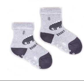 YO! Boys' Gray Ankle Socks with Dino Embroidery and ABS | SKF-0005C-G