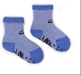 YO! Boys' Dark Blue Ankle Socks with Stripes Pattern and ABS | SKF-0005C-DB3