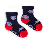 YO! Boys' Dark Blue Ankle Socks with Multicolor Embroidery and ABS | SKF-0005C-DB1