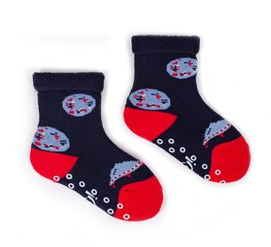 YO! Boys' Dark Blue Ankle Socks with Multicolor Embroidery and ABS | SKF-0005C-DB1