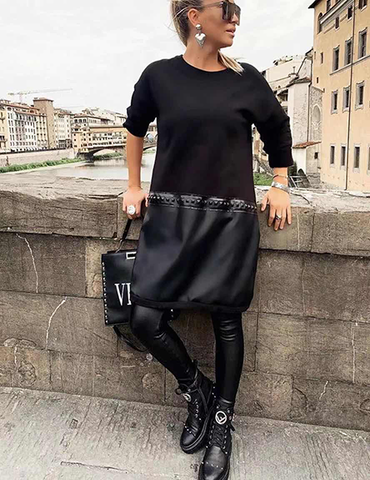 Black Casual Dress Tunic with Eco Leather Bottom | HAL-73