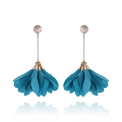 Aqua Blue Long Satin Flower Petal Earrings | E99035