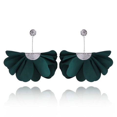 Bottle Green Long Satin Earrings with Silver Details | E99022