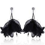 Black Flower Petal Long Silk Earrings with Silver Finish | E00897