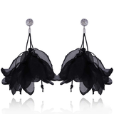 Black Flower Petal Long Silk Earrings with Silver Finish | E00897