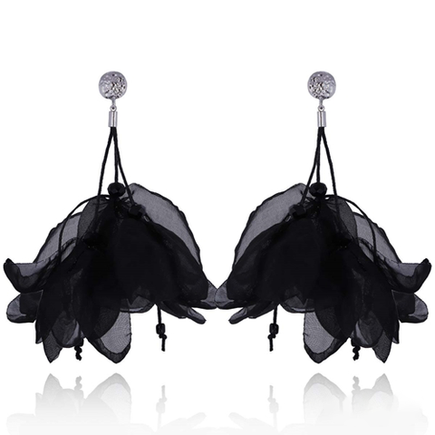 Black Flower Petal Long Silk Earrings with Silver Finish | E00897