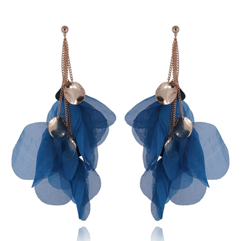 Blue Flower Petal Long Silk Earrings with Golden Details | E99006