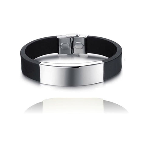 Yves Mens' Black Single Leather Bracelet with Silver Plate | BM01205