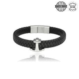 Yves Mens' Black Leather Bracelet with Silver Anchor | BM00673
