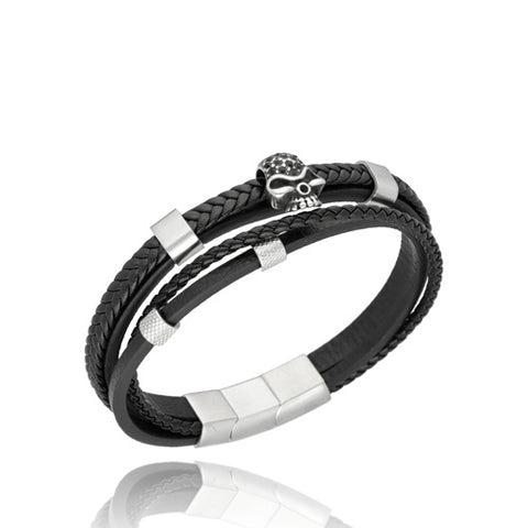 Yves Mens' Black Leather Triple Bracelet with Silver Skull | BM00665