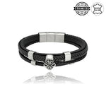 Yves Mens' Black Leather Triple Bracelet with Silver Skull | BM00665