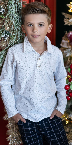 Boys' VOGA White Long Sleeve Polo Shirt with Dot Pattern | V-27
