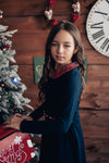 Girls' VOGA Dark Blue Christmas Dress with Plaid Collar | V-17